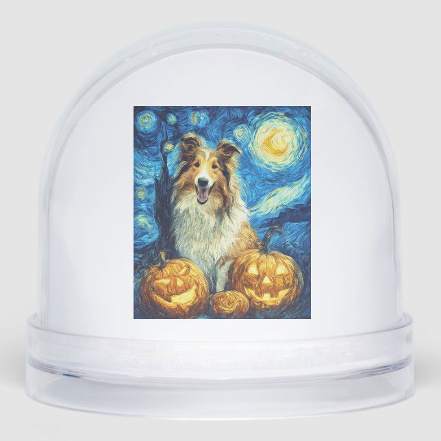 Cute Rough Collie Dog Halloween Jack O Lantern Pum Schneekugeln (Vorderseite)