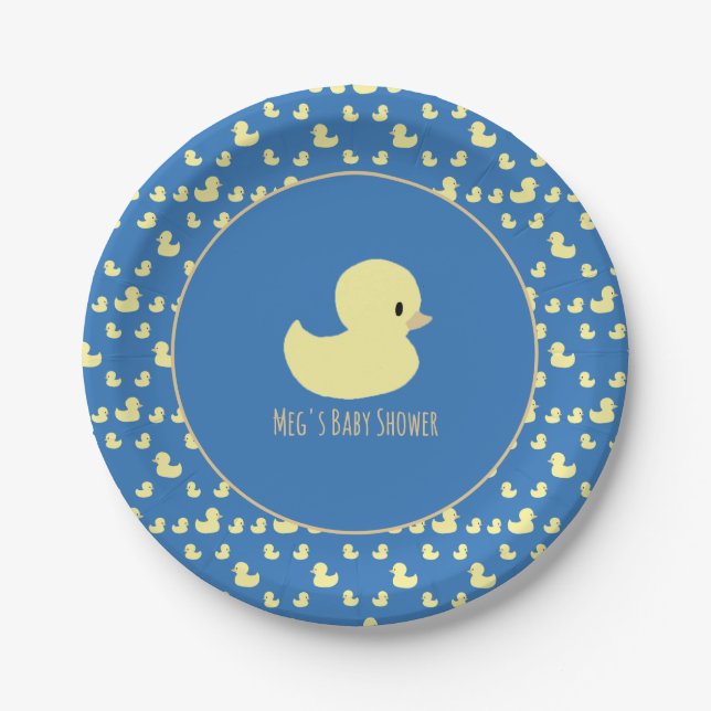 Cute Rubber Duck Modern Blue Baby Shower Pappteller (Vorderseite)