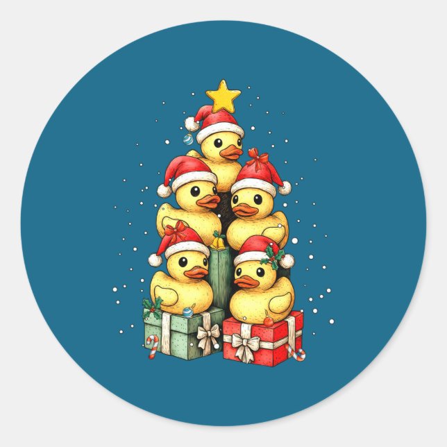 Cute Rubber Ducks Le Duckie Christmas Tree Xmas Ha Runder Aufkleber (Vorderseite)
