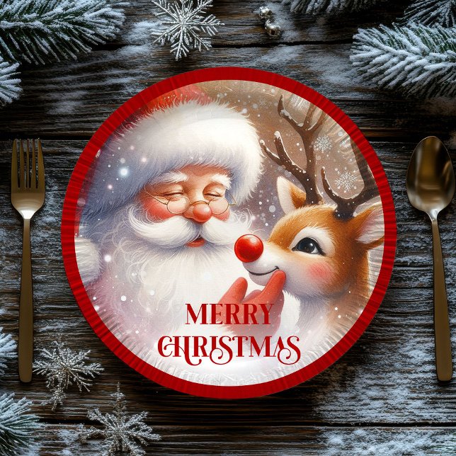 Cute Rudolph and Santa Kids Holiday Paper Plates Pappteller (Cute Rudolph and Santa Kids Holiday Paper Plates)