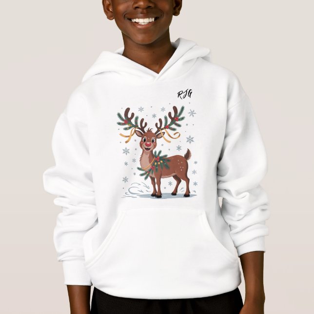 Cute Rudolph with Gold Accents Initials Hoodie (Vorderseite)