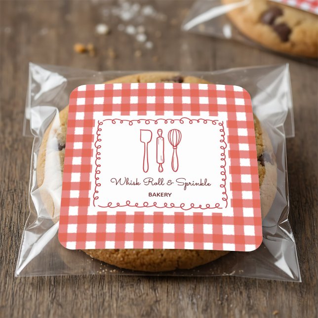 Cute Rustic Farmhouse Gingham Bakery Labels Quadratischer Aufkleber (Von Creator hochgeladen)