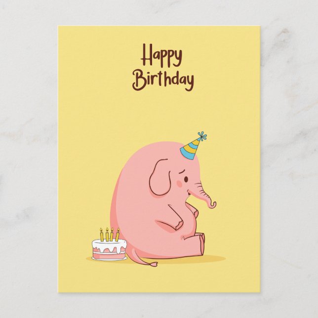 Cute Sad Elephant Birthday Card – Whimsical Pastel Postkarte (Vorderseite)