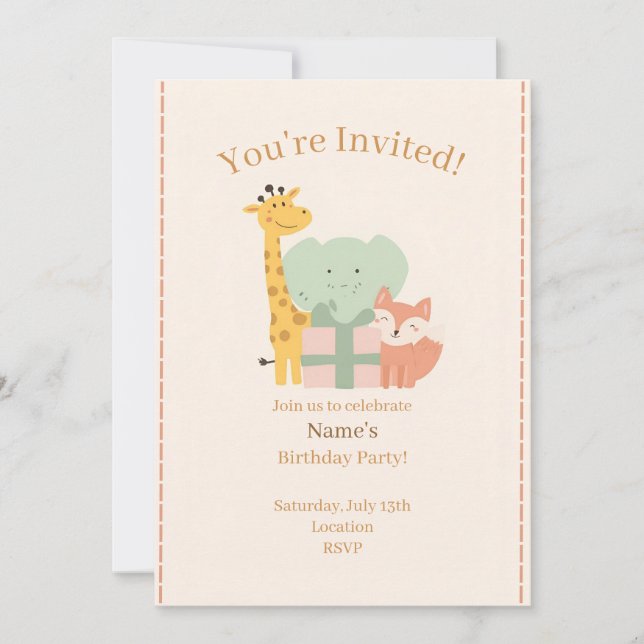 Cute Safari Animals Kids Birthday Invitation Card Einladung (Vorderseite)