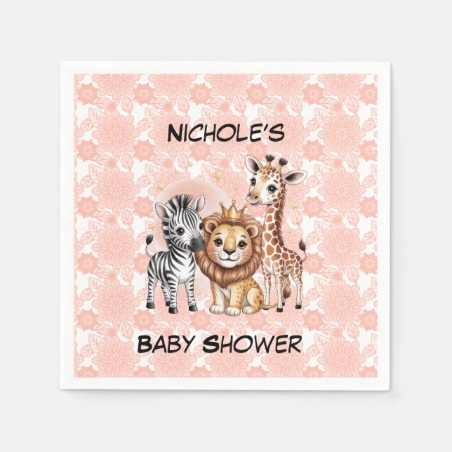 Cute Safari Animals Pink Florals Girl Baby Shower Serviette (Vorderseite)