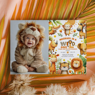 Cute Safari Animals WILD ONE 1st Birthday Photo  Einladung