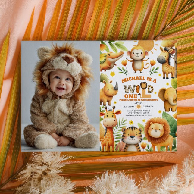 Cute Safari Animals WILD ONE 1st Birthday Photo  Einladung (Von Creator hochgeladen)