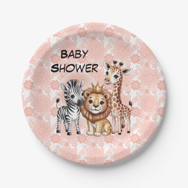 Cute Safari Animals With Pink Florals Pappteller (Vorderseite)