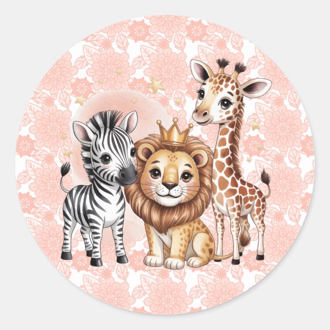 Cute Safari Animals With Pink Florals Runder Aufkleber (Vorderseite)