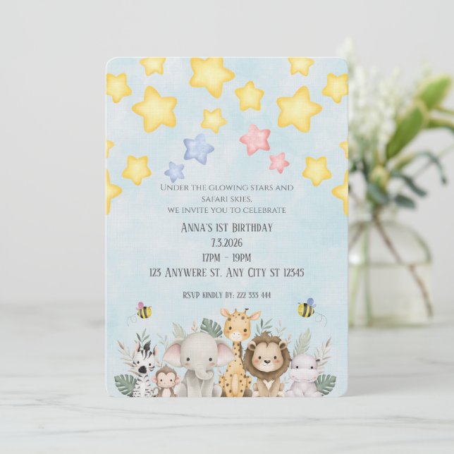 Cute Safari Baby Animals Birthday Invitation Einladung (Stehend Vorderseite)