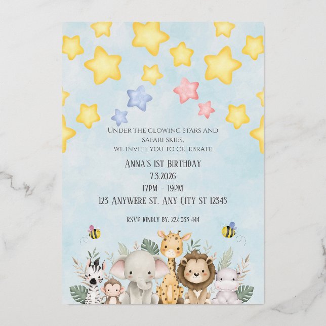 Cute Safari Baby Animals Birthday Invitation Folieneinladung (Vorderseite)