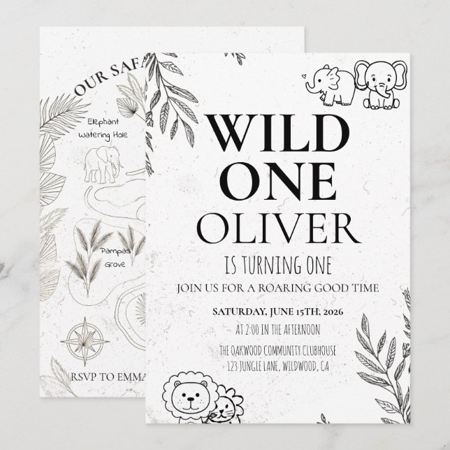 Cute Safari Wild One 1st Birthday Map Party Einladung (Vorne/Hinten)