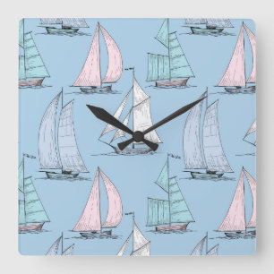 Cute Sailboat Pattern 1 Quadratische Wanduhr