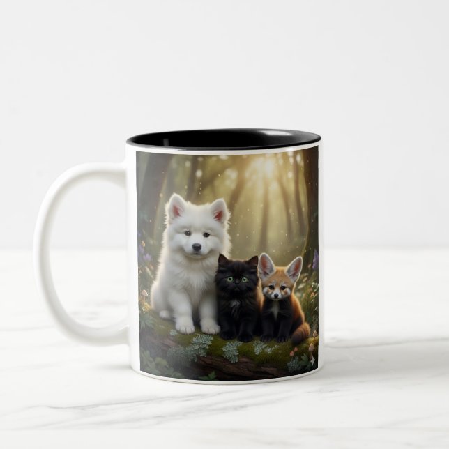  Cute Samoyed puppy and black kitten Mug Zweifarbige Tasse (Links)
