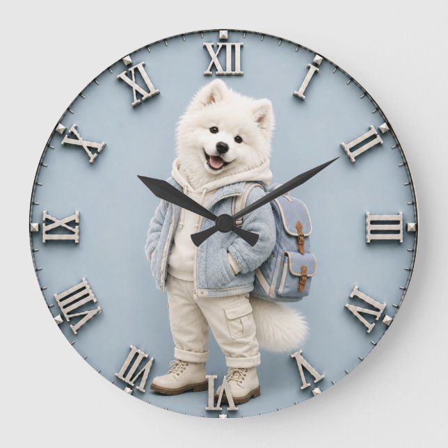 Cute Samoyed Puppy dog Große Wanduhr (Vorderseite)