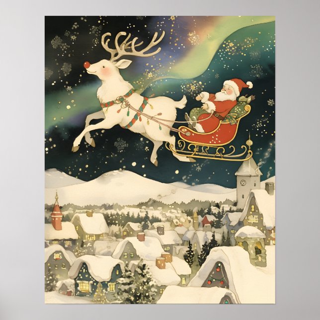 Cute Santa and Reindeer Flying Over Snowy Village Poster (Vorne)