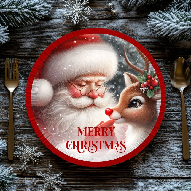 Cute Santa and Rudolph Kids Christmas Dinner Plate Pappteller (Cute Santa and Rudolph Kids Christmas Dinner Plates)