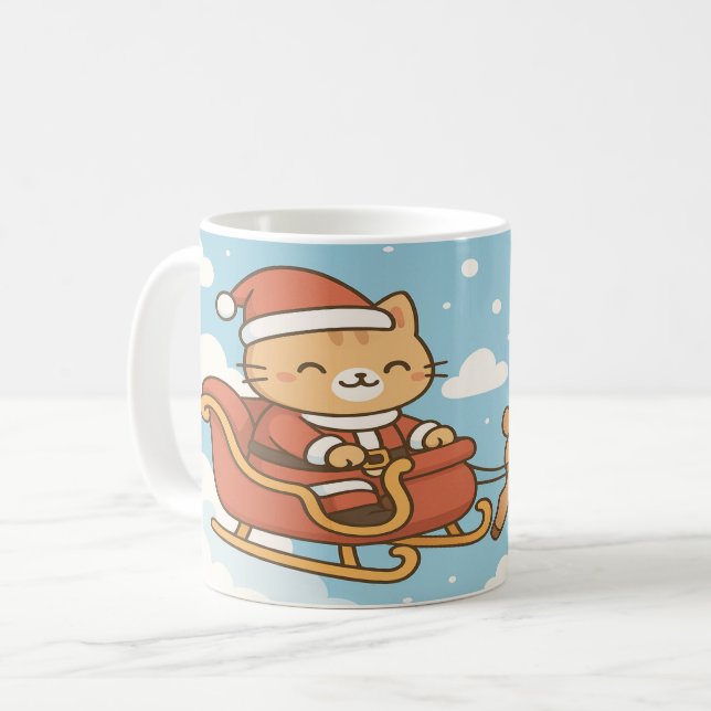 Cute Santa Cat Flying Sleigh Christmas Mug Kaffeetasse (Vorderseite Links)