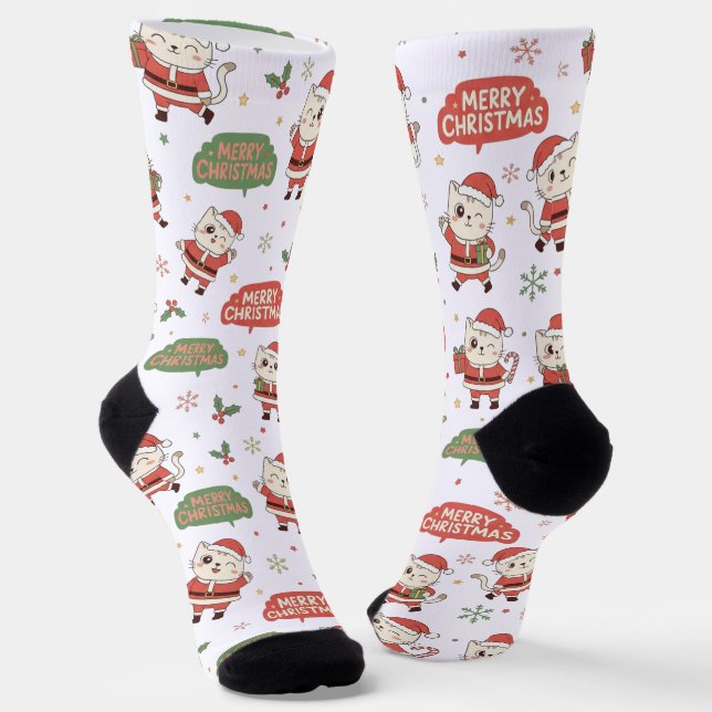 Cute Santa Cat Pattern "Merry Christmas" Holiday  Socken (Gewinkelt)