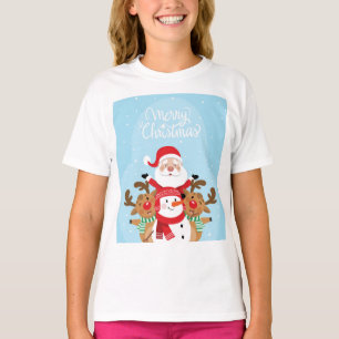Cute Santa Claus, deer and snowman T-Shirt