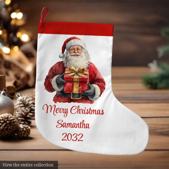Cute Santa Claus Kids Watercolor Holiday Stocking Großer Weihnachtsstrumpf (Cute Santa Claus Kids Watercolor Holiday Stocking)