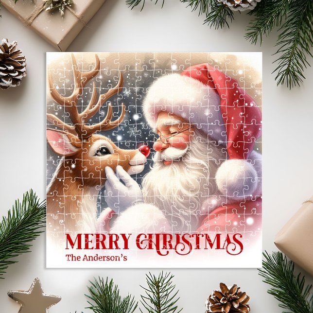 Cute Santa Claus Rudolph Christmas Holiday   Puzzle (Cute Classic Santa and Rudolph Christmas Jigsaw Puzzle)