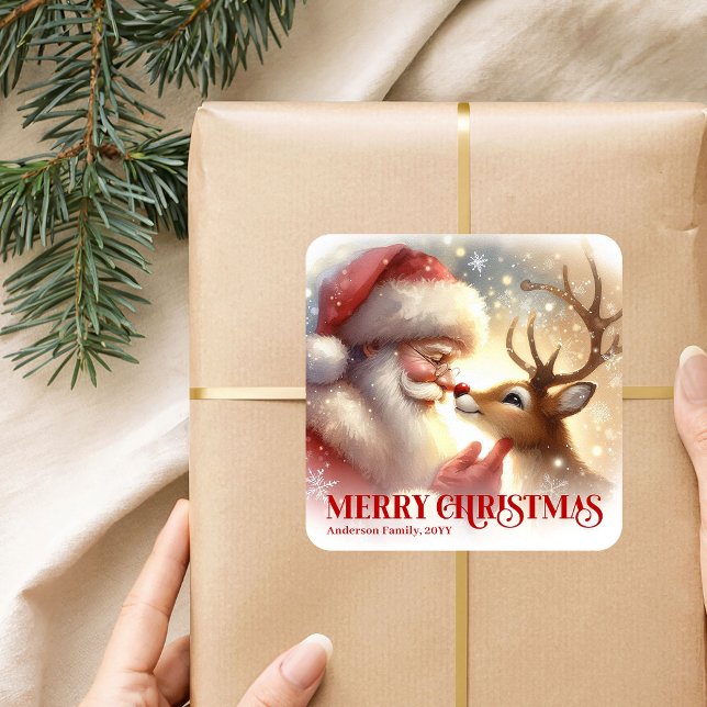 Cute Santa Claus Rudolph Personalized Holiday Kids Quadratischer Aufkleber (Cute Santa Claus Rudolph Personalized Holiday Kids Gift Sticker

)