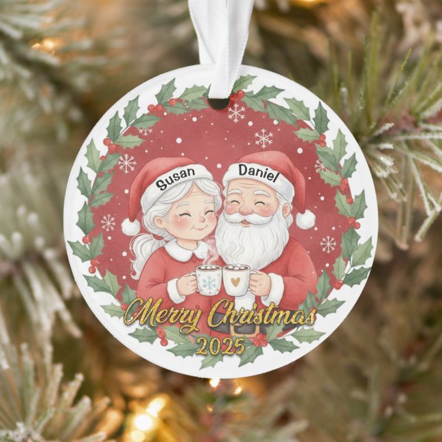 Cute Santa Couple Holiday Keepsake with Custom Nam Ornament (Baum)