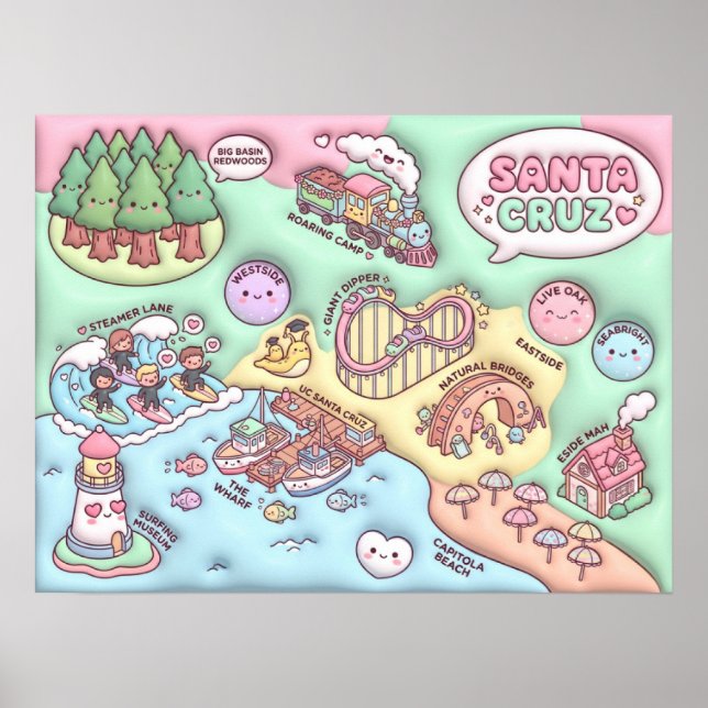Cute Santa Cruz California Neighborhood Map UCSC Poster (Vorne)