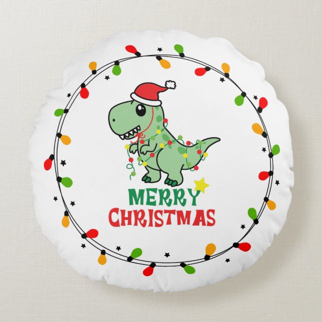 Cute Santa Dino Merry Christmas Rundes Kissen (Vorderseite)