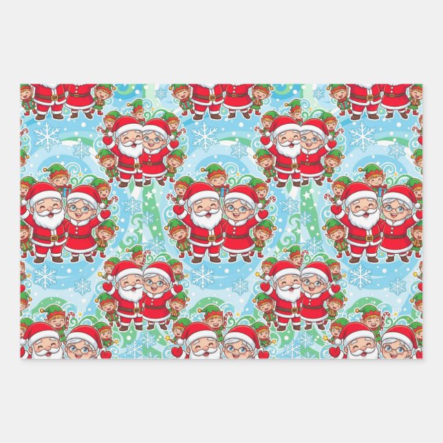 Cute Santa & Elves Christmas Pattern Geschenkpapier Set (Vorderseite)