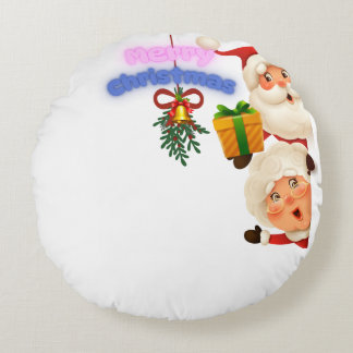 Cute Santa & Mrs. Claus Merry Christmas Greeting Rundes Kissen