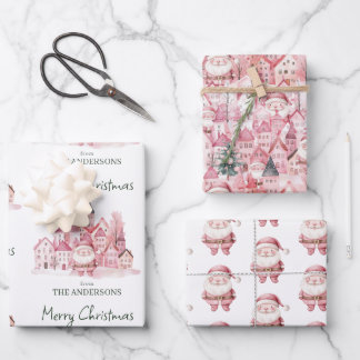 Cute Santa Pink Winter Town Christmas Geschenkpapier Set