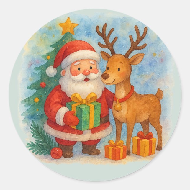 Cute Santa & Reindeer Watercolor Holiday kids  Runder Aufkleber (Vorderseite)