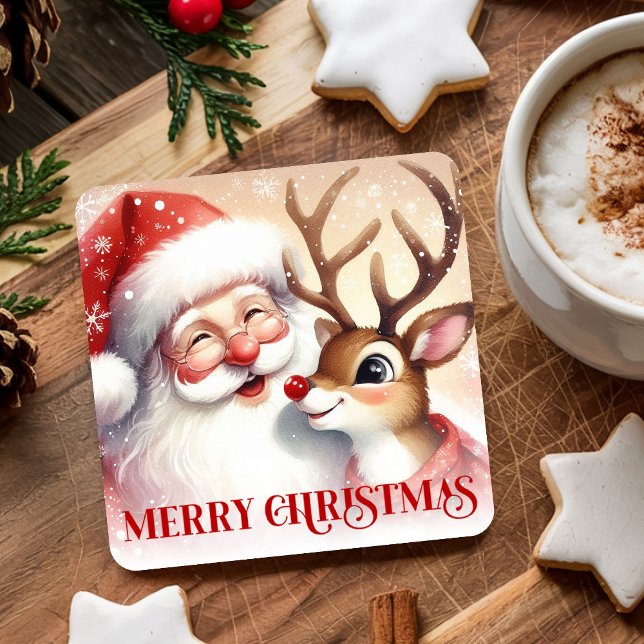 Cute Santa Rudolph Watercolor Christmas Party   Rechteckiger Pappuntersetzer (Cute Santa Rudolph Watercolor Christmas Party Coaster)