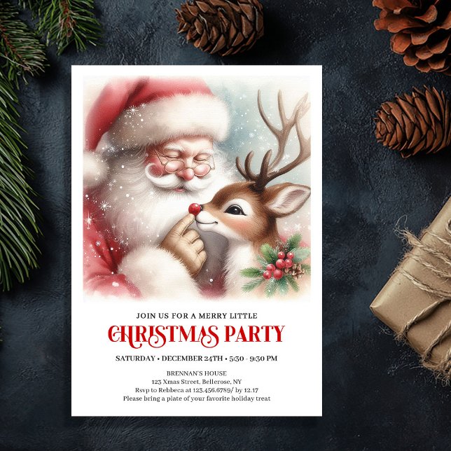 Cute Santa Rudolph Winter Christmas Party Invite Einladung (Cute Santa Rudolph Winter Christmas Party Invite)