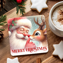 Cute Santa Rudolph Xmas Coaster Kids Cartoon Art Rechteckiger Pappuntersetzer