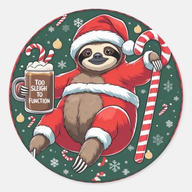 Cute Santa Sloth on Candy Cane with Hot Cocoa Runder Aufkleber (Vorderseite)