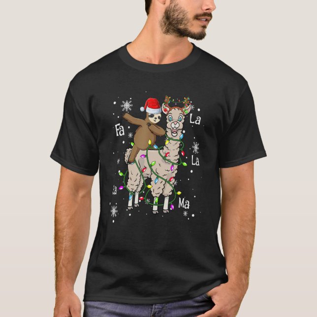 Cute Santa Sloth Riding Llama Christmas Lights Paj T-Shirt (Vorderseite)