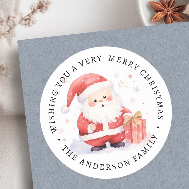 Cute Santa watercolor illustration family name Runder Aufkleber (Cute Santa watercolor illustration family name Classic Round Sticker)