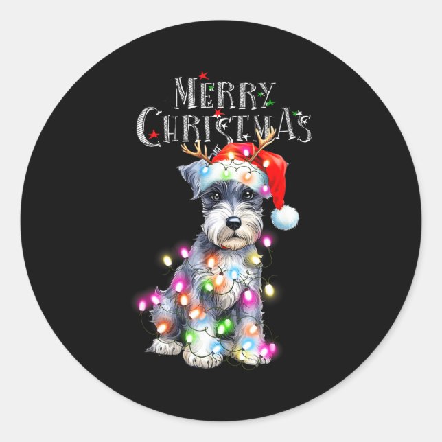 Cute Schnauzer Christmas Lights Xmas Dog Santa Hat Runder Aufkleber (Vorderseite)