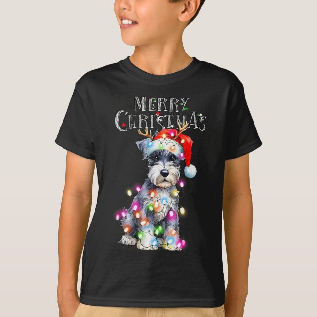 Cute Schnauzer Christmas Lights Xmas Dog Santa Hat T-Shirt (Vorderseite)