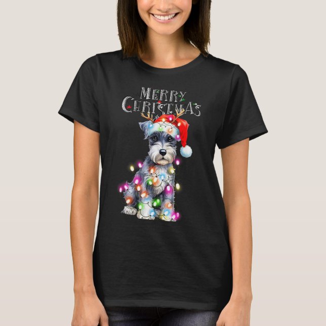 Cute Schnauzer Christmas Lights Xmas Dog Santa Hat T-Shirt (Vorderseite)
