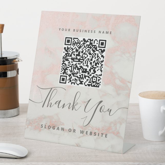 Cute Script Marble Pink Qr Code Contactless Pay Sockelschild (In Situ)