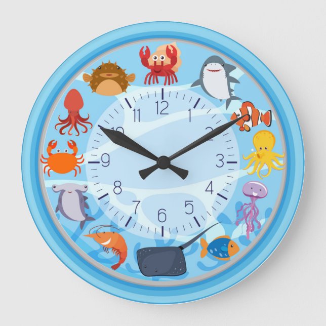 Cute Sea Creature Blue Round Wall Clock Große Wanduhr (Vorderseite)