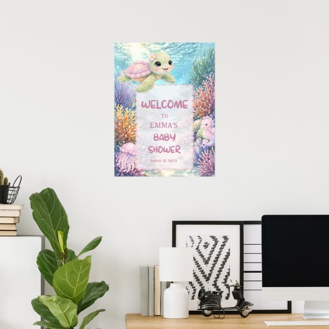 Cute Sea Turtle Girl Baby Shower Welcome Poster (Heimbüro)