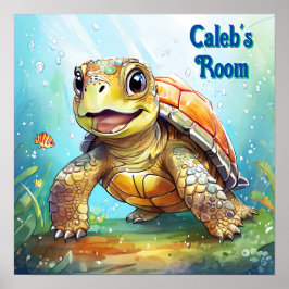 Cute Sea Turtle in the Ocean Cartoon Personalized Poster