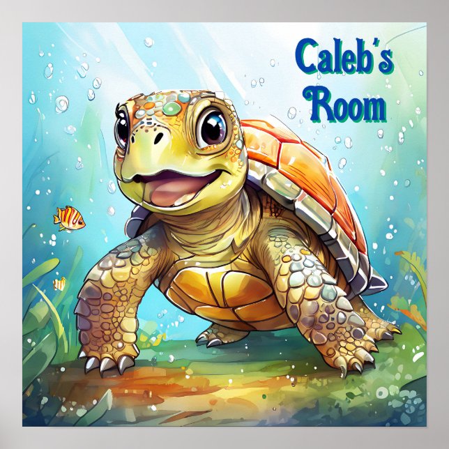 Cute Sea Turtle in the Ocean Cartoon Personalized Poster (Vorne)