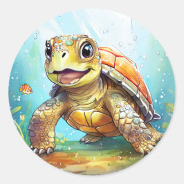 Cute Sea Turtle in the Ocean Cartoon Runder Aufkleber