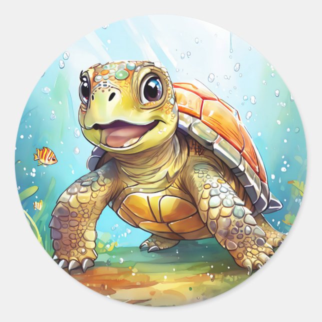 Cute Sea Turtle in the Ocean Cartoon Runder Aufkleber (Vorderseite)